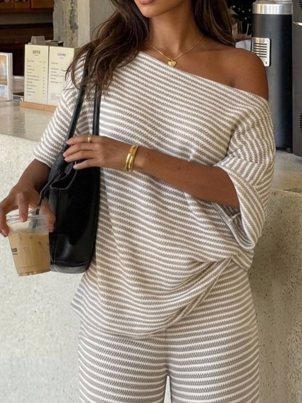 Multicolor Casual Women's Striped Waffle Knit Loose Long Pants & Tee Set